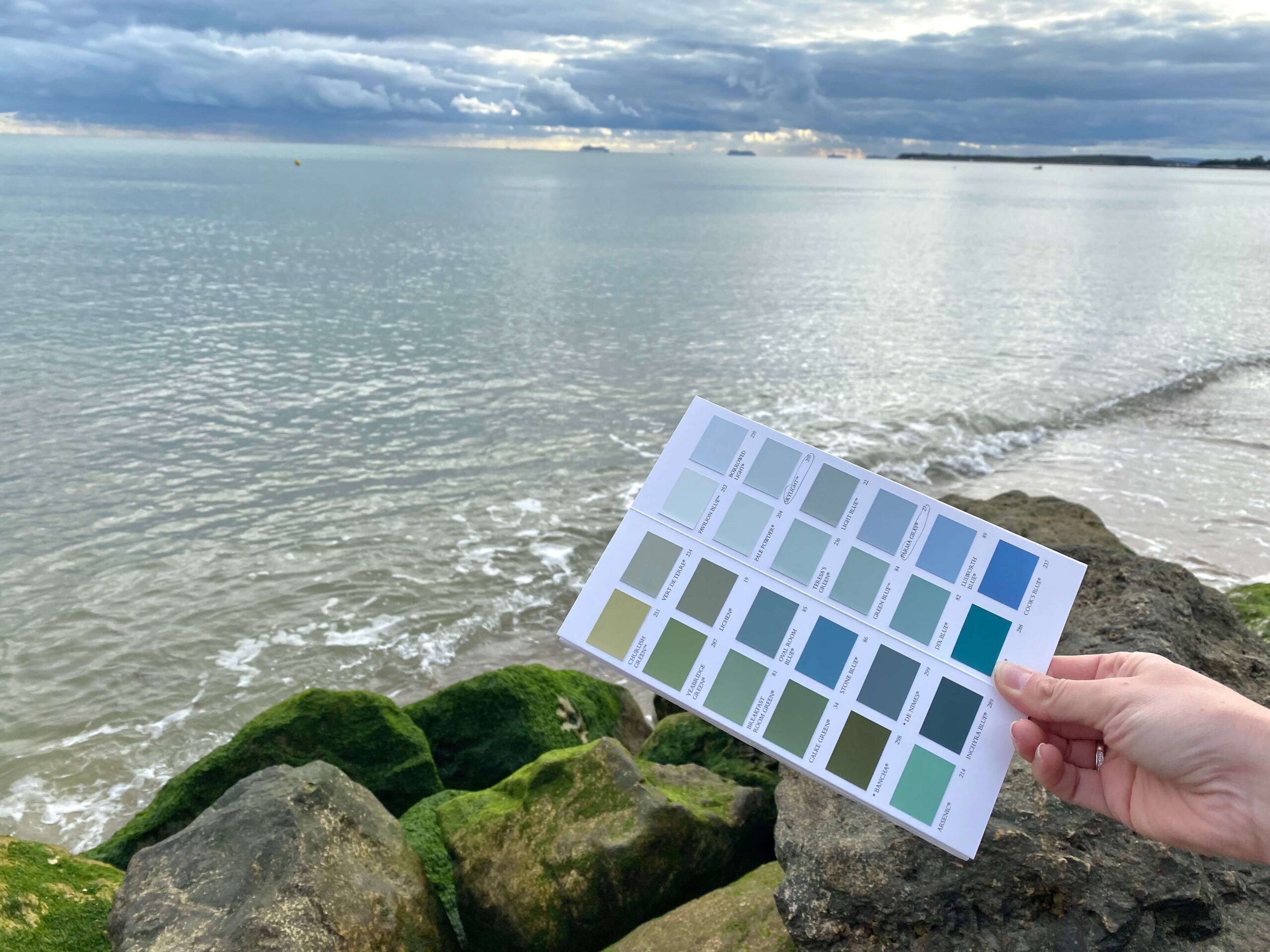 A woman's hand holding a paint chart in front of rocks and the sea